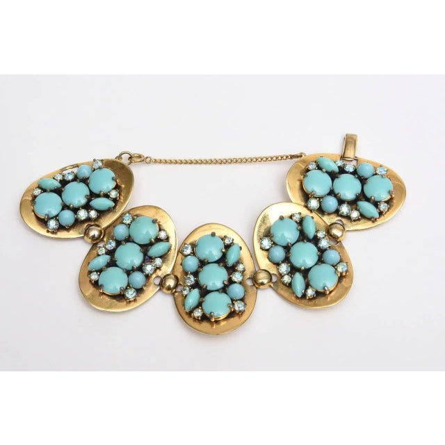 Metal Vintage Elsa Schiaparelli Faux Turquoise, Gold Metal and Rhinestone Cluster Bracelet For Sale - Image 7 of 10
