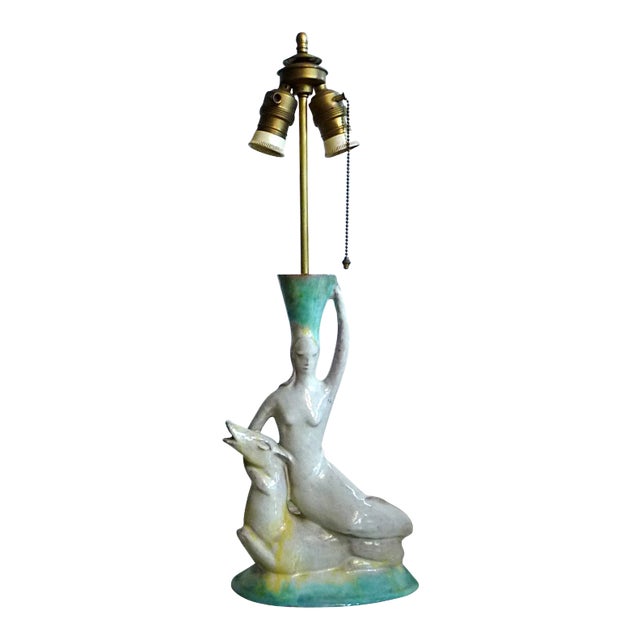 Vintage German Glazed Ceramic & Brass Figurine Lamp, 1920s For Sale