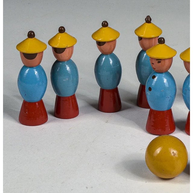 1940s Chinese Figures Wooden Toy Game with Yellow Hat and 2 Original Yellow Balls by Gurman Bowling, 1940s, Set of 12 For Sale - Image 5 of 7