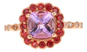 1.86 Carat Cushion Cut Amethyst Diamond Sapphire Rose Gold Ring Size 7