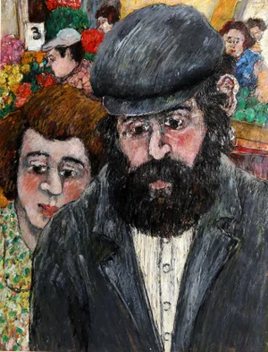 David Azuz At the Market, Oil Portrait Painting by David Azuz circa 1979