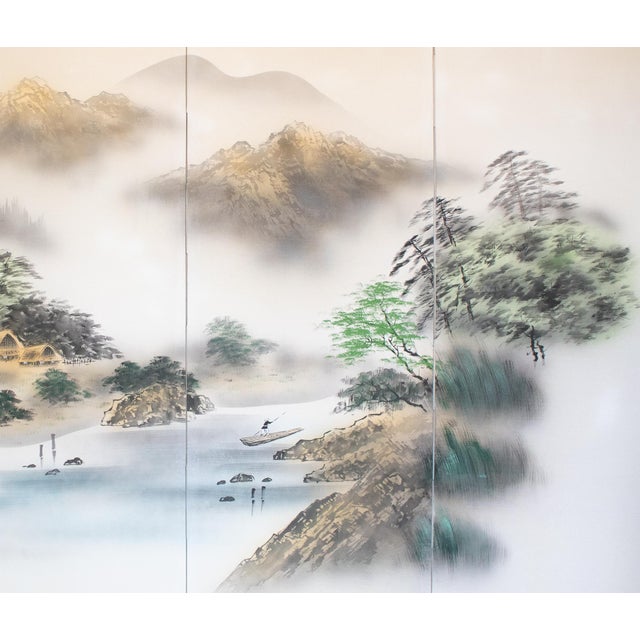 Large Showa Era Japanese Byobu Screen "Mountain Landscape With River" For Sale - Image 4 of 18