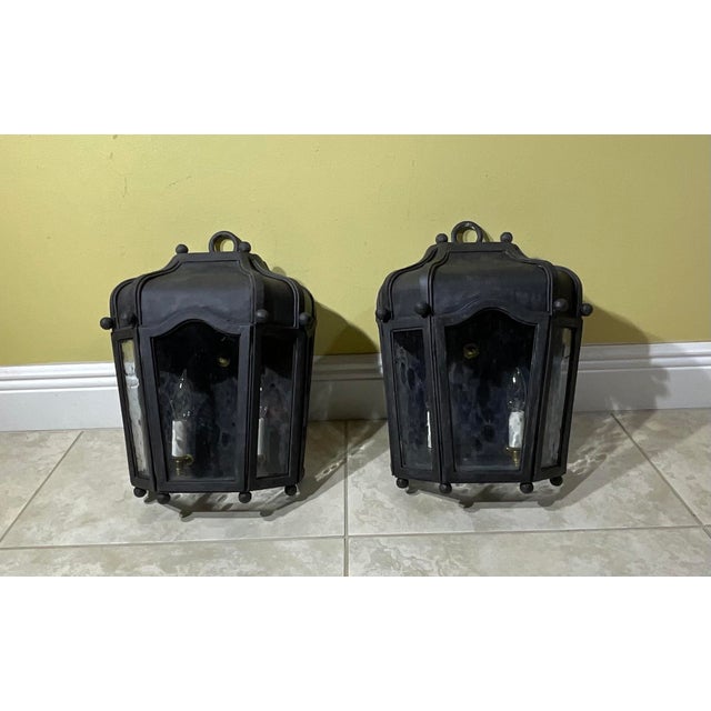 Gray Exceptional Pair of Hand-Forged Iron Wall Lanterns Architectural Sconces For Sale - Image 8 of 17