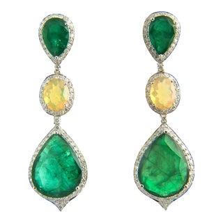 Red Carpet Style Long Emerald Opal Diamond Gold Earrings - 2 Pieces For Sale