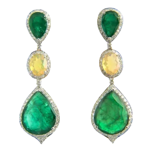 Red Carpet Style Long Emerald Opal Diamond Gold Earrings - 2 Pieces