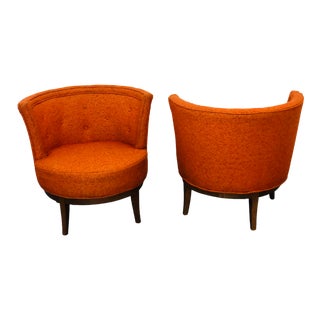 1970's Vintage Orange Boucle Swivel Barrel Chairs - a Pair For Sale
