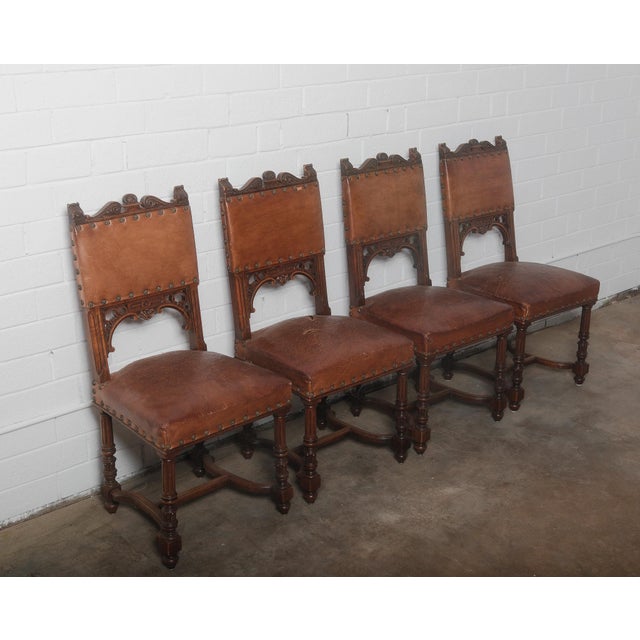 Early 20th Century Early 20th Century Antique Henry II Renaissance Style Brown Leather and Wood Chairs - Set of 4 For Sale - Image 5 of 6