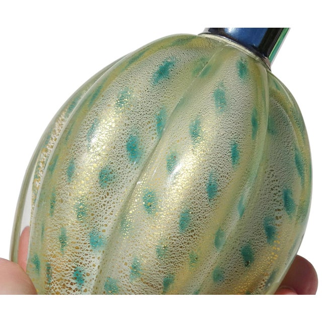 Murano Seguso Murano Gold Flecks Teal Dot Pattern Vintage Italian Art Glass Perfume Atomizer Bottle For Sale - Image 4 of 9