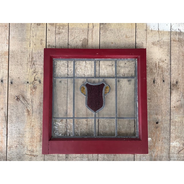 Early 20th C. Stained Glass Window - Shield / Crest in Wine Red and Old Gold For Sale - Image 13 of 13