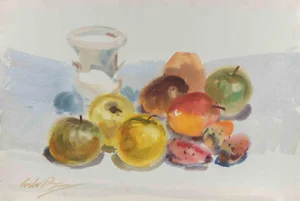 Carlo Ravagnan, Still Life with Fruits, Watercolor, 1972