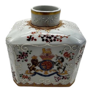 Antique George III Armorial Chinese Export Porcelain Tea Caddy British Royal Arms For Sale