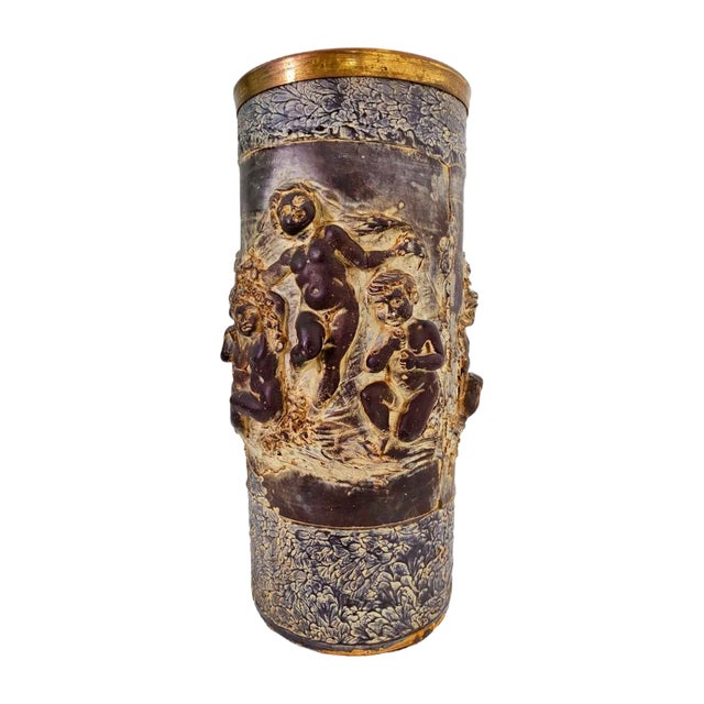 Sculptural Vase or Umbrella Stand with High Relief in Wood and Chalk, 1940s For Sale