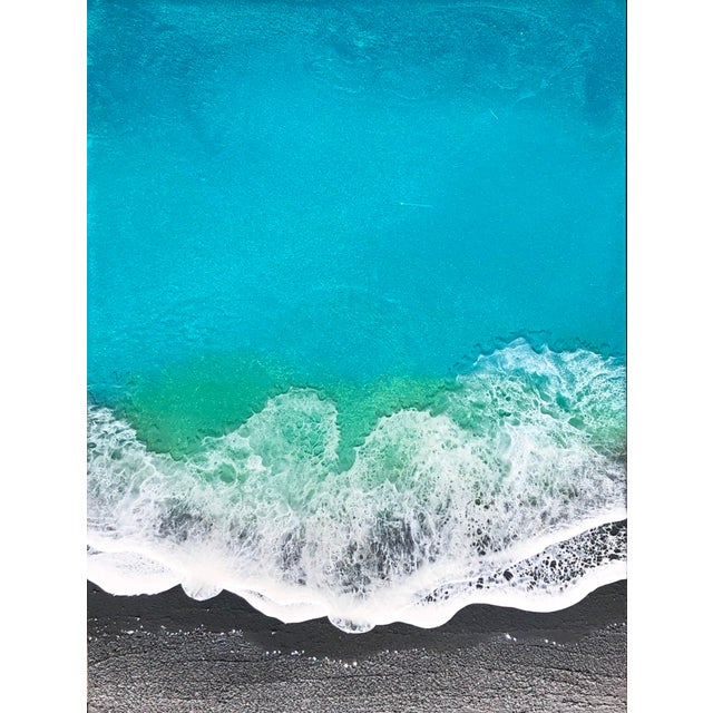 Surrender by Ana Hefco | Mixed Media & Resin on Wood Abstract ocean wave and shore scene For Sale