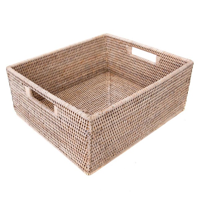 White Artifacts Rattan Rectangular Basket with Cutout Handles in White Wash - 14" For Sale - Image 8 of 8