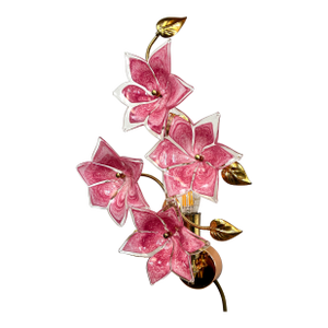 Vintage Art Deco Murano Dark Pink Glass Wall Sconce – Hand-Painted Floral Light
