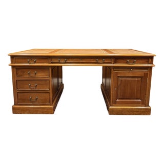 Large English Desk with Brown Leather For Sale