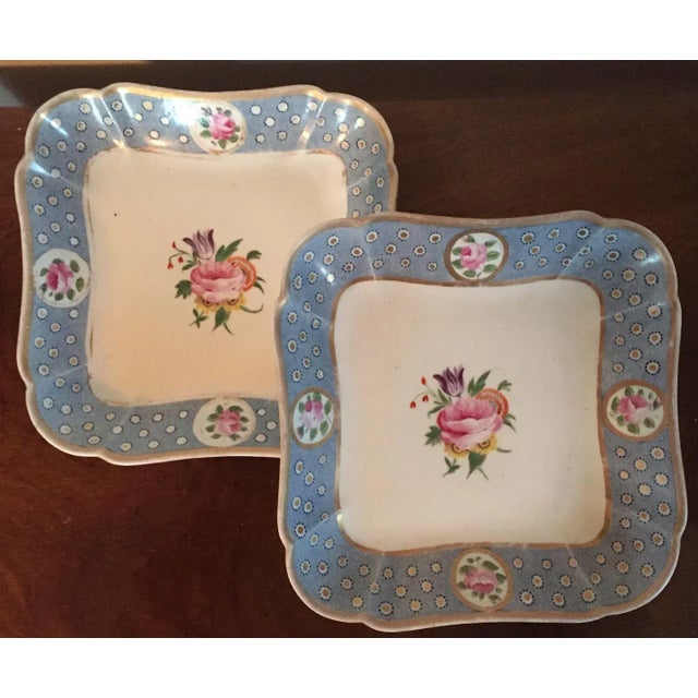 Traditional Early 19th Century English Coalport Porcelain Square Dessert Dish Plates Baby Blue with Pink Roses 1810 - A Pair For Sale - Image 3 of 11