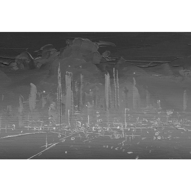 This oil on board painting presents a monochromatic cityscape, where towering structures emerge hazily against a textured,...