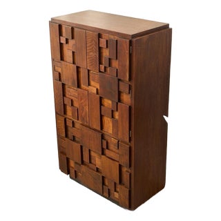 Mid 20th Century Styled After Vintage Lane Brutalist Mosaic Wood Highboy Armoire For Sale