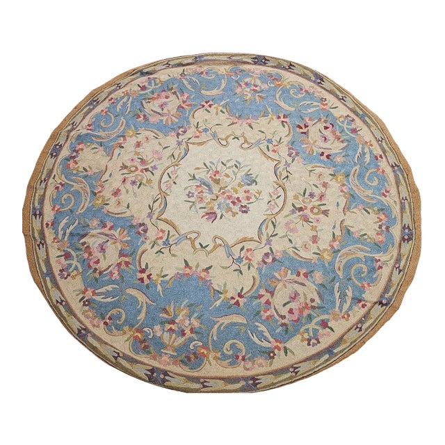 Vintage Round Needlepoint Area Rug, Handwoven Wool, Floral Pattern, Blue & Ivory, 4x4 For Sale