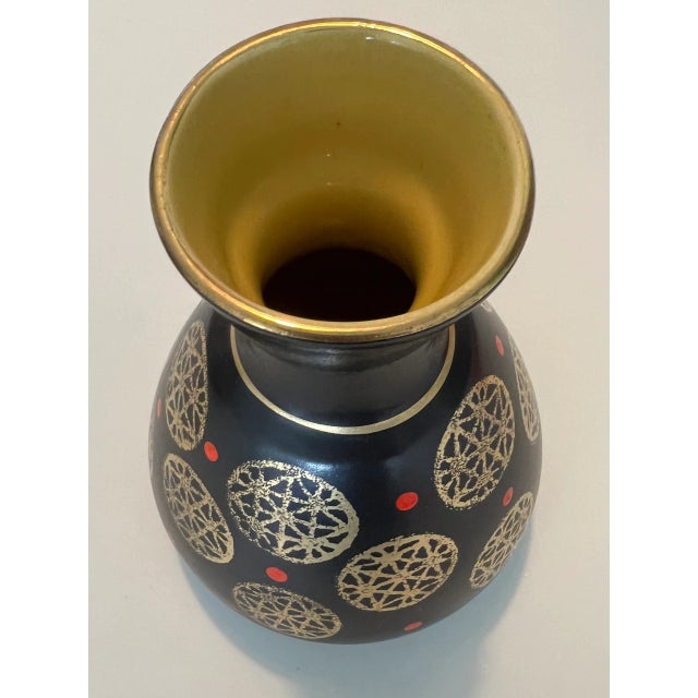 MCM West Germany Art Pottery Vase By Dumbler & Breiden 8” high x 6” wide. Black With Gold Geometric Design, red accents,...