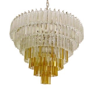 Large Clear and Amber Triedro Murano Glass Chandelier For Sale