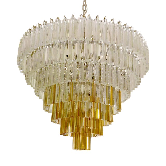 Large Clear and Amber Triedro Murano Glass Chandelier For Sale