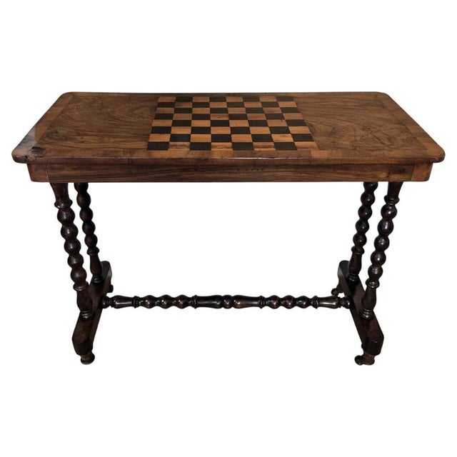 Antique Italian Walnut Burl Inlay Chess Games Side Table with Bobbin Turned Legs, 1890s For Sale - Image 9 of 9