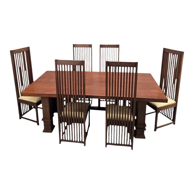 Late 20th Century Custom Arts and Crafts Mission Style Oak Dining Table With Six High-Back Chairs For Sale