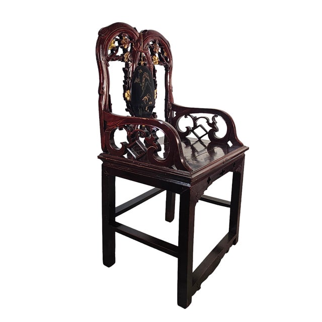 Chinese Chinese Hand Carved Rosewood Chair Black Gold Accents For Sale - Image 3 of 12