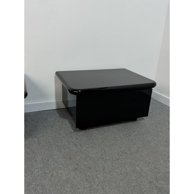 Vintage Low Italian Wooden Bedside Tables with Glossy Lacquered Finish, 1970s, Set of 2 For Sale - Image 6 of 14