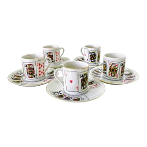 Vintage Hollywood Regency Playing Cards Poker Espresso Cups and Saucers - Set of 5