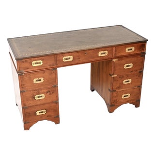 Antique Yew Wood Military Campaign Style Pedestal Desk, 1950 For Sale