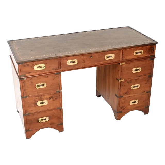 Antique Yew Wood Military Campaign Style Pedestal Desk, 1950 For Sale