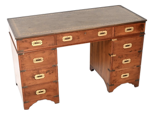 Antique Yew Wood Military Campaign Style Pedestal Desk, 1950