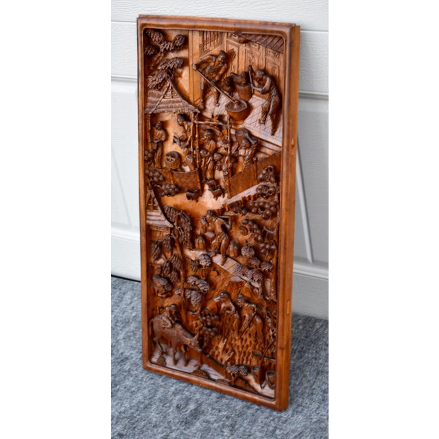 Antique Chinese Hand Carved Wood Relief Wall Panel Plaque Figural Rural Life For Sale - Image 13 of 13