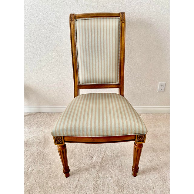 Ethan Allen Vintage French Regency Louis XVI Style Carved Wood & Beautifully Upholstered Set of Eight Chairs Excellent Mint Condition For Sale - Image 12 of 18
