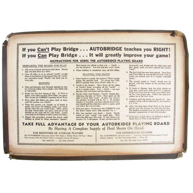 This 1930s era bridge instruction game allows novice players to hone their contract bridge skills. The set consists of the...