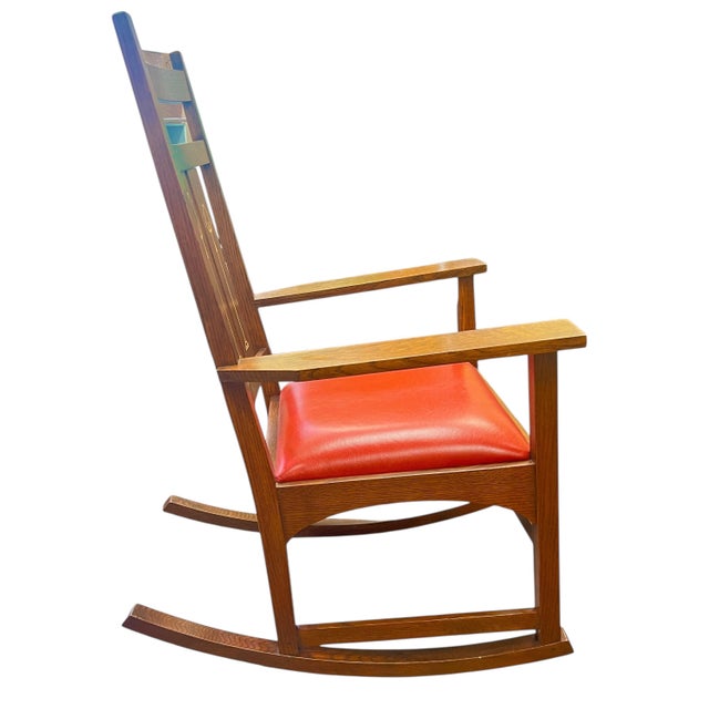 Stickley Stickley Rocking Chair Harvey Ellis Collection Mission Arts & Crafts Inlaid Cherry Wood and Leather For Sale - Image 4 of 9