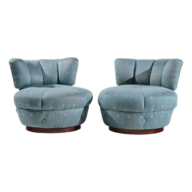 Dunbar Style Mid Century Swivel Pouf Lounge Chairs - Pair For Sale