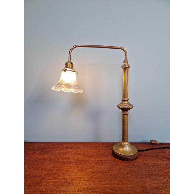 Large Brass, Wood, and Clear Fluted Glass Desk Lamp, 1930s For Sale - Image 11 of 16