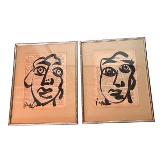 1970s Peter Keil Abstract Painting Pair on Newsprint For Sale