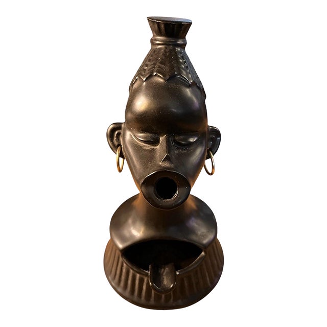 Mid-Century African-Inspired Ceramic Head Ashtray With Hoop Earring Accent For Sale