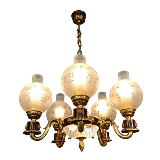Vintage Empire Victorian French 5-Arm Brass Lion Head Chandelier with Etched Globes and Crystal Glass, 1950s For Sale - Image 16 of 17