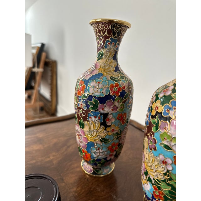 Mid 20th Century Cloisonné Vases With Wooden Stands- A Pair For Sale - Image 5 of 8