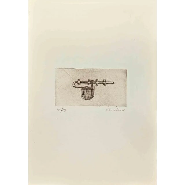 Latch is an Etching realized by Enotrio Pugliese in 1963. Limited edition of 13 copies numbered and signed by the artist....
