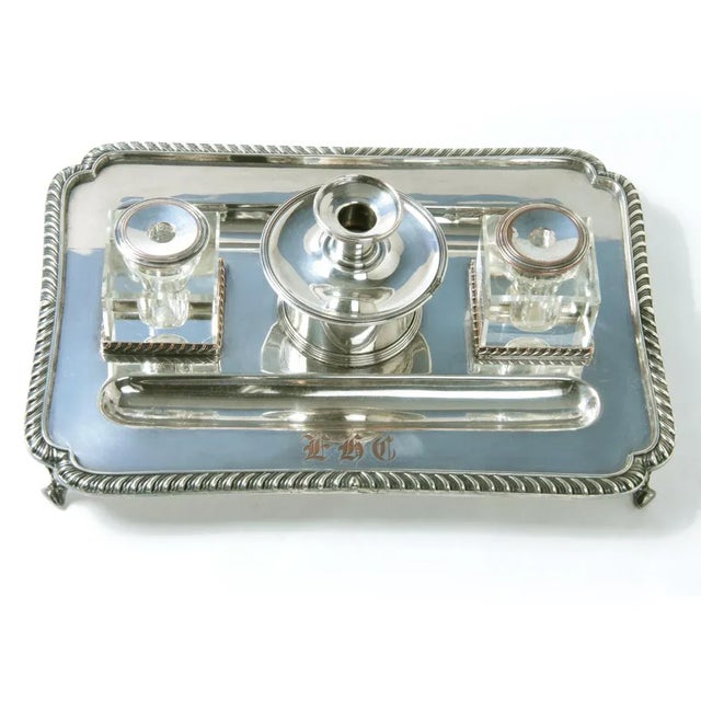 Early 1900s English Silver Plate Inkstand With Glass Inkwells For Sale - Image 4 of 6