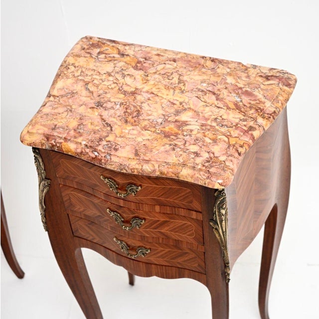 Wood Antique French Inlaid Parquetry Marble Top Bedside Chests, 1900, Set of 2 For Sale - Image 7 of 11