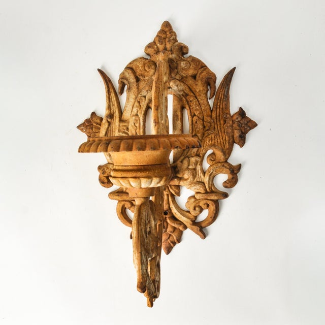 Huge Vintage Cast Iron Wall Sconce Pair Pillar Candle Holders Architectural Salvage For Sale - Image 4 of 17