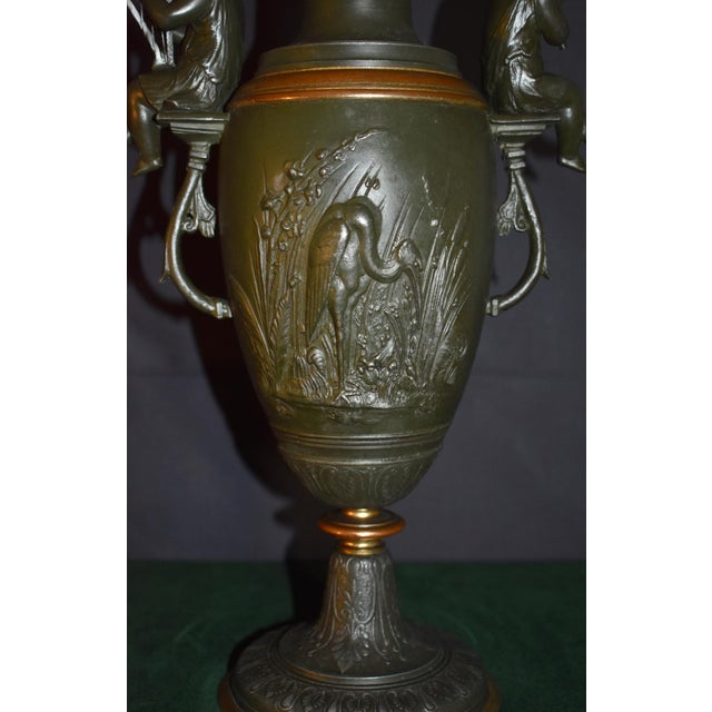 Vintage Mixed Metal Vase French Style Urn With Figural Cherubs and Cranes For Sale - Image 14 of 17